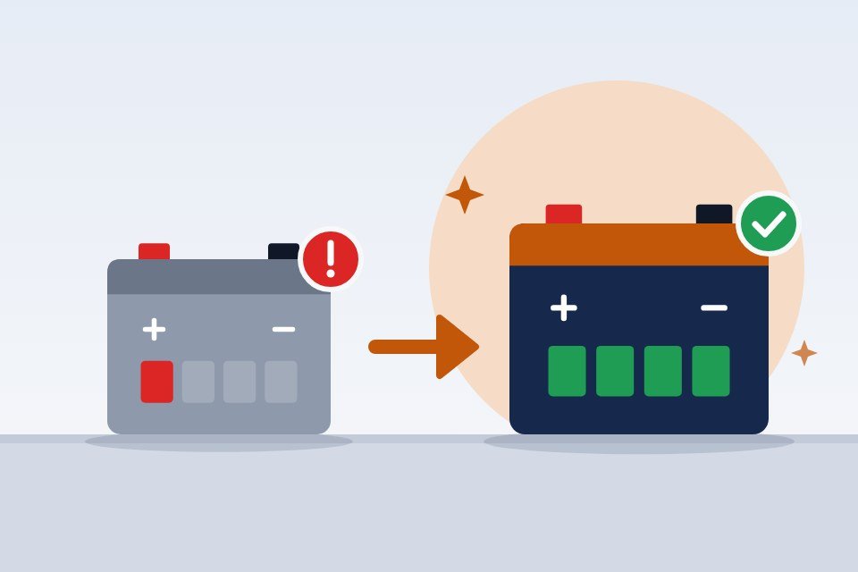 An old car battery being swapped for a new one